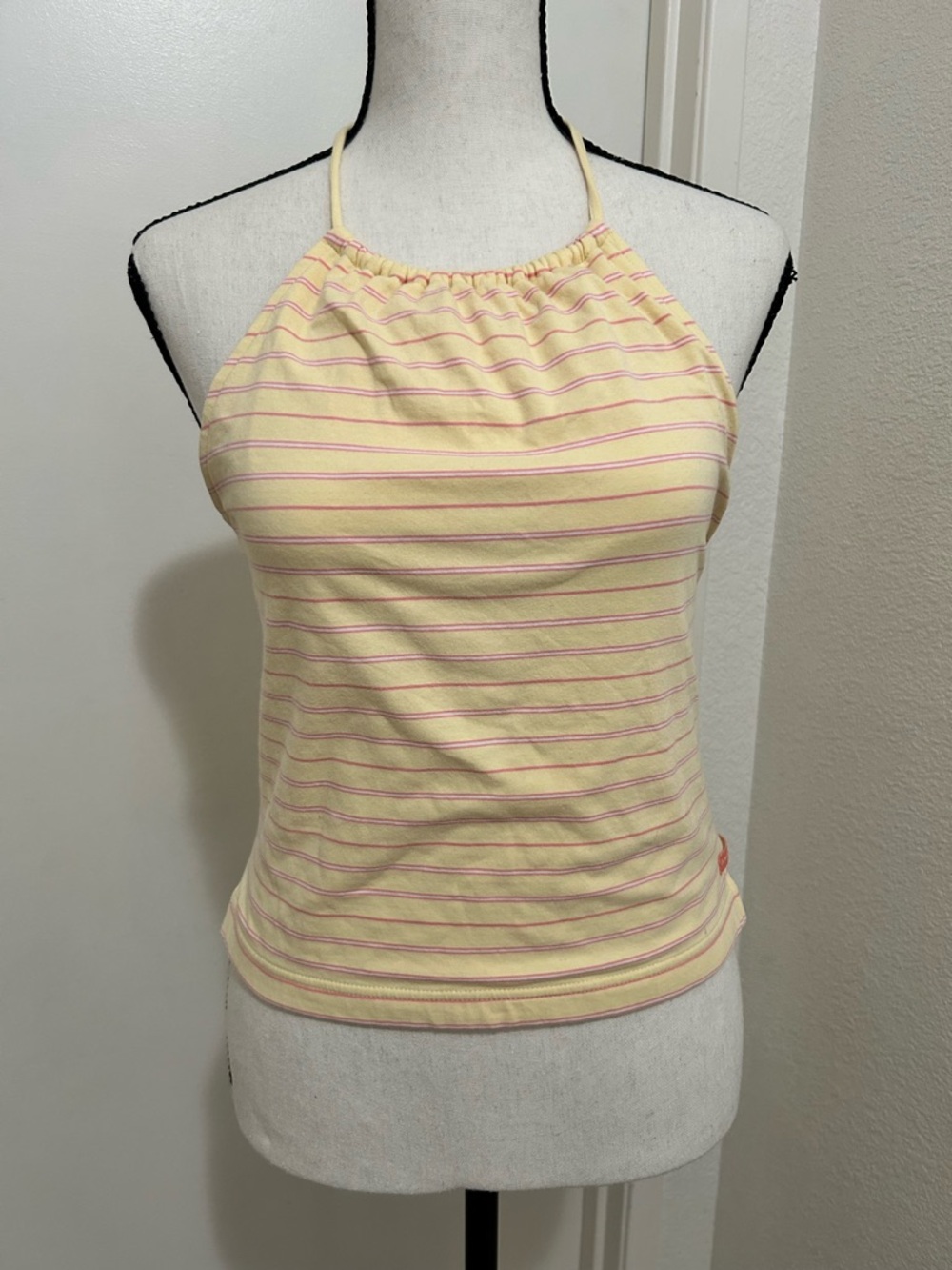 Vintage Striped Halter Top M Yellow Pink Y2K Graphic Tag Retro Soft Girl Cotton